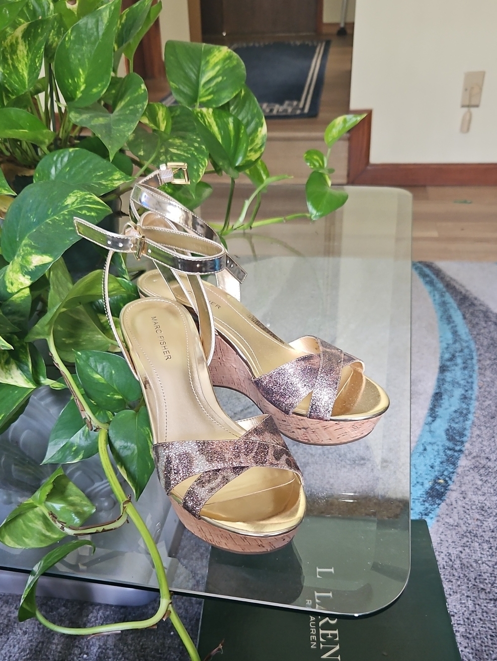 Marc Fisher Pink Gold Glitter Platform Sandals